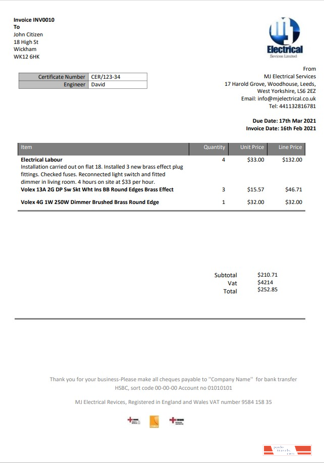 United Kingdom MJ Electrical proof of address utility bill template in Word and PDF format